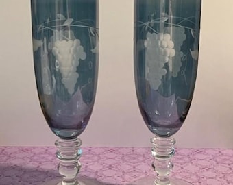 Pair of 2 Vintage Blue mouth blown crystal etched grape and leaves champagne flutes glasses