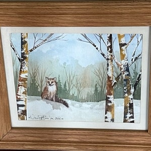 Fox in Woods Aquarelle Watercolor Painting Quebec artist Quebec painter Canadian artist Vintage Signed by artist Nancy Boutin dated 2000