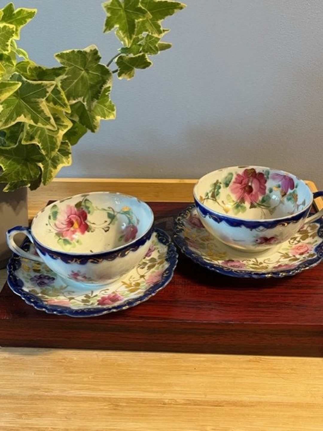 Nippon Roses Nippon Vtg Antique Pair of Hand Painted Roses Gold Gilt Trim Flow Blue ...