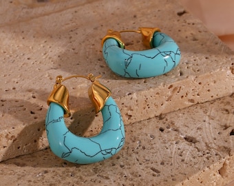 Turquoise Earrings Stone 18K Real Gold Plated - Chunky Blue Hoops Earrings Stainless Steel Earrings for Women Girls