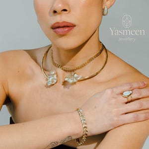 Gold Perlmutt Choker Halskette – Verstellbare Boho Statement Halskette – Handgefertigter Bold Schmuck Geschenk für Sie, Statement Schmuck