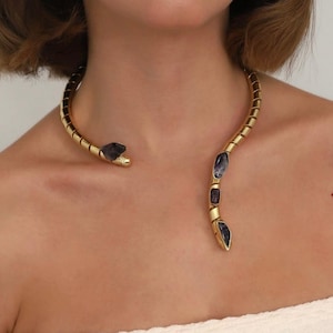 Gold Snake Choker with Amethyst, Adjustable Serpent Necklace, Bold Handmade Statement Jewelry, Hypoallergenic, Boho Gift for Her