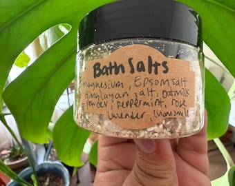 Sales de baño minerales botánicas / Sales de Epsom, magnesio, sal del Himalaya, leche de avena, hierbas