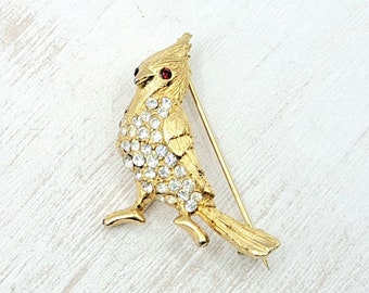 Vintage Signed DODDS Goldtone Cardinal Bird Brooch - Designer Golden Sparkling Clear & Red Rhinestone Bird Pin - Dodds Mid Century Jewelry