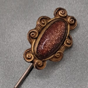 Victorian Goldstone Stick Pin - Scarab Like Design with Ornate Brassy Goldtone Frame - Egyptian Revival Lapel Pin - Antique Jewelry