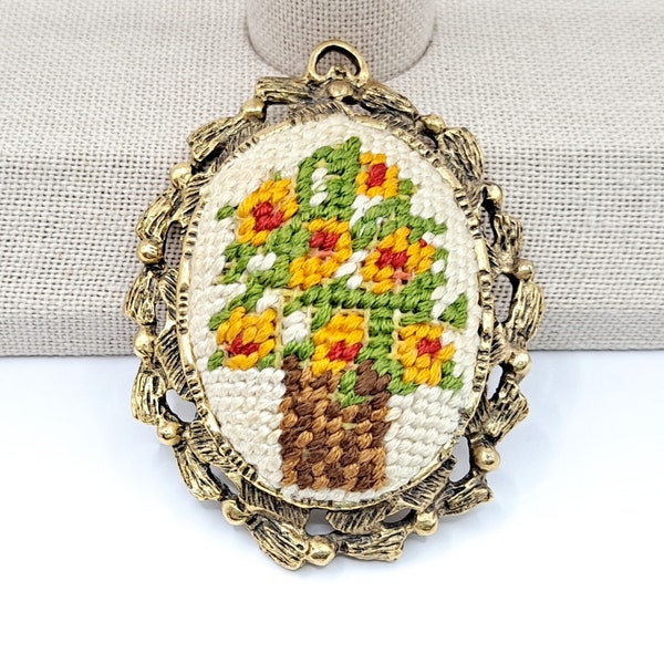 Vintage Floral Embroidery Fabric Pendant - Retro Textured Goldtone Ornate Frame Stitched Pendant with Mirror Backing - Mid Century Jewelry