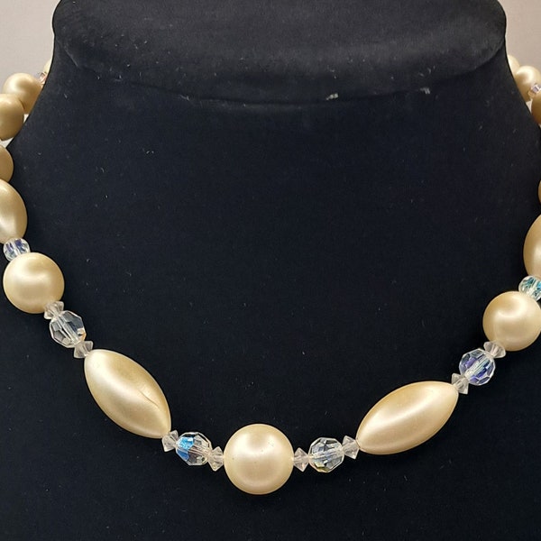 Vintage 1940's Staret Simulated Satin Pearl Aurora Borealis AB Bead Choker Necklace - Adjustable