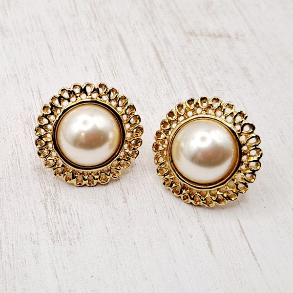 Vintage Napier Goldtone Floral Faux Pearl Screwback Earrings