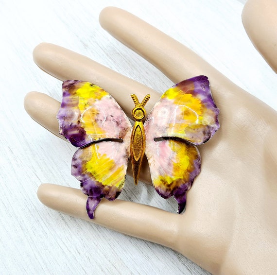 Vintage Colorful Butterfly Brooch - Large Purple,… - image 6