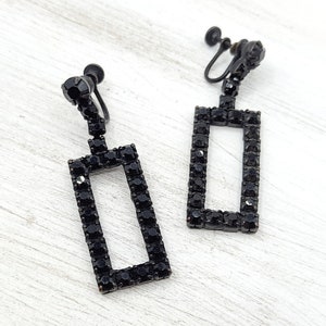 Vintage Black Rhinestone Dangle Earrings: 1950s Geometric Screwbacks