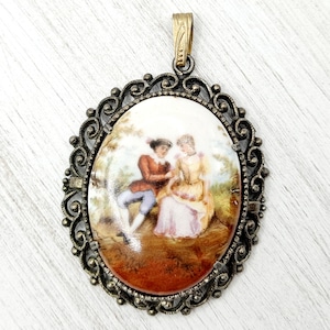 Vintage Victorian Romantic Couple Cameo Pendant - Bronze Framed Porcelain Love Portrait Cameo for Necklace - Victorian Courting Jewelry