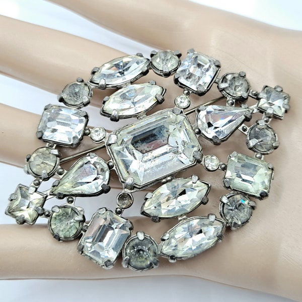 Brilliant Art Deco Large Glass Rhinestone Brooch - 1930's Rhinestone Dress Pin - Clear & Smoky Stones - Art Deco Jewelry - Unsigned Beauty