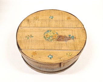 Antique Round Wooden Shaker Box - Pretty Floral Design Cheese Box - Craft / Keepsake Storage Container - Collectible Country Chic Home Decor