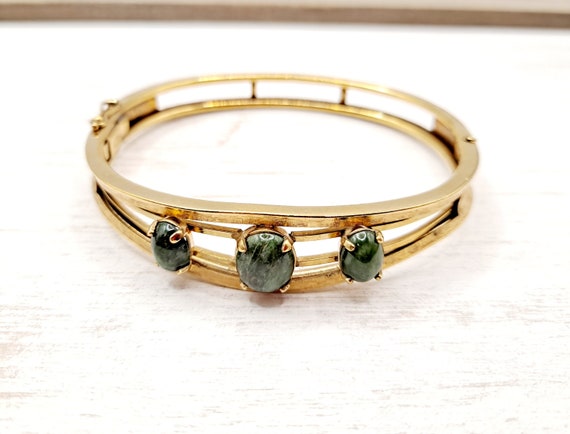 Vintage Carl-Art 12K Gold Filled Green Jade Brace… - image 1