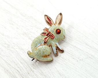 Vintage Easter Bunny Pin - Small Pastel Blue & Red Bow Rabbit with Goldtone Ears - Fun Easter Theme Jewelry