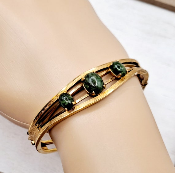 Vintage Carl-Art 12K Gold Filled Green Jade Brace… - image 2