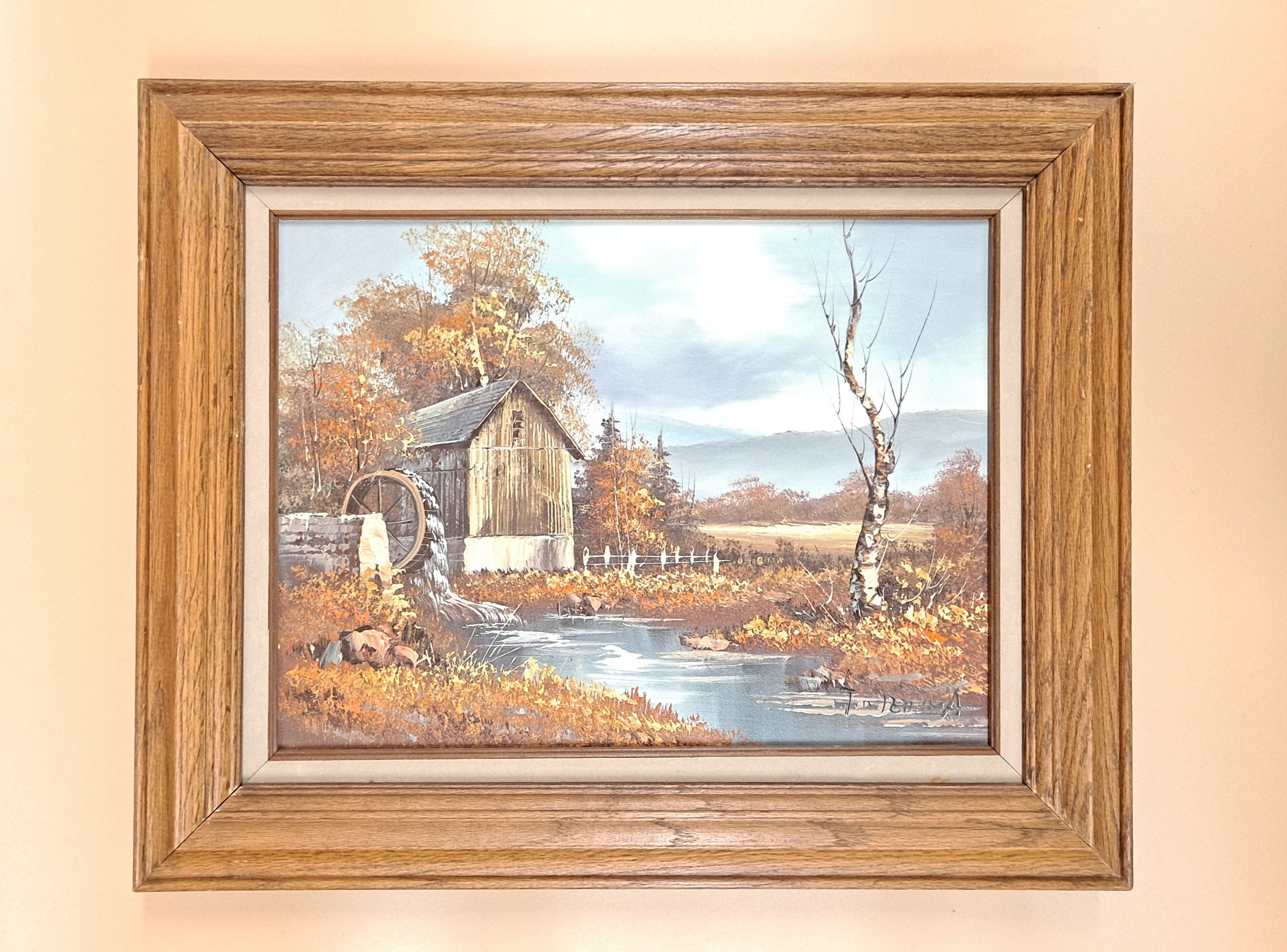 Vintage Country Farm Watermill Original Oil Painting - Medium Tone