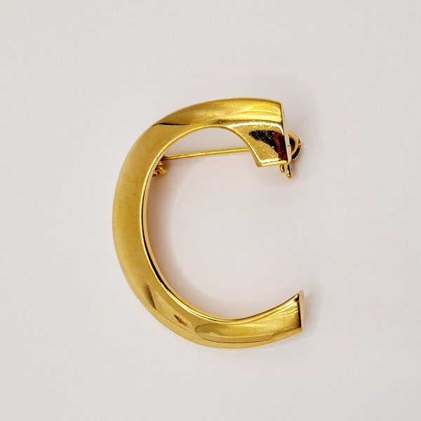 Vintage Brooch - Designer Anne Klein Letter C Brooch Pin - Goldtone Initial C Jewelry- Mid Century Golden Monogram Pin