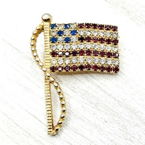 Vintage Goldtone American Flag Rhinestone Brooch - 1960&#39;s Sparkling Red, White, & Blue Patriotic 4th of July Jewelry - Book Piece!