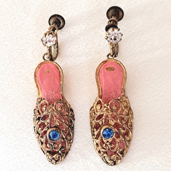 1950's Vintage Filigree Fancy Shoe Earrings - West Germany Screwback Earrings with Brasstone Design & Sapphire Blue Rhinestones - Book Piece