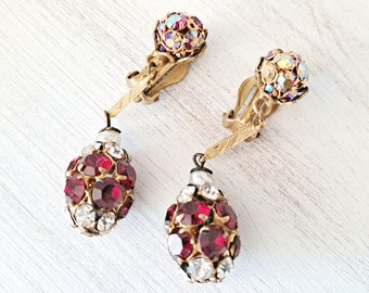 Original by Robert Ruby Red Crystal Rhinestone Earrings - Collectible Vintage Designer - Goldtone AB Drop Clip-Ons - Absolutely Stunning!