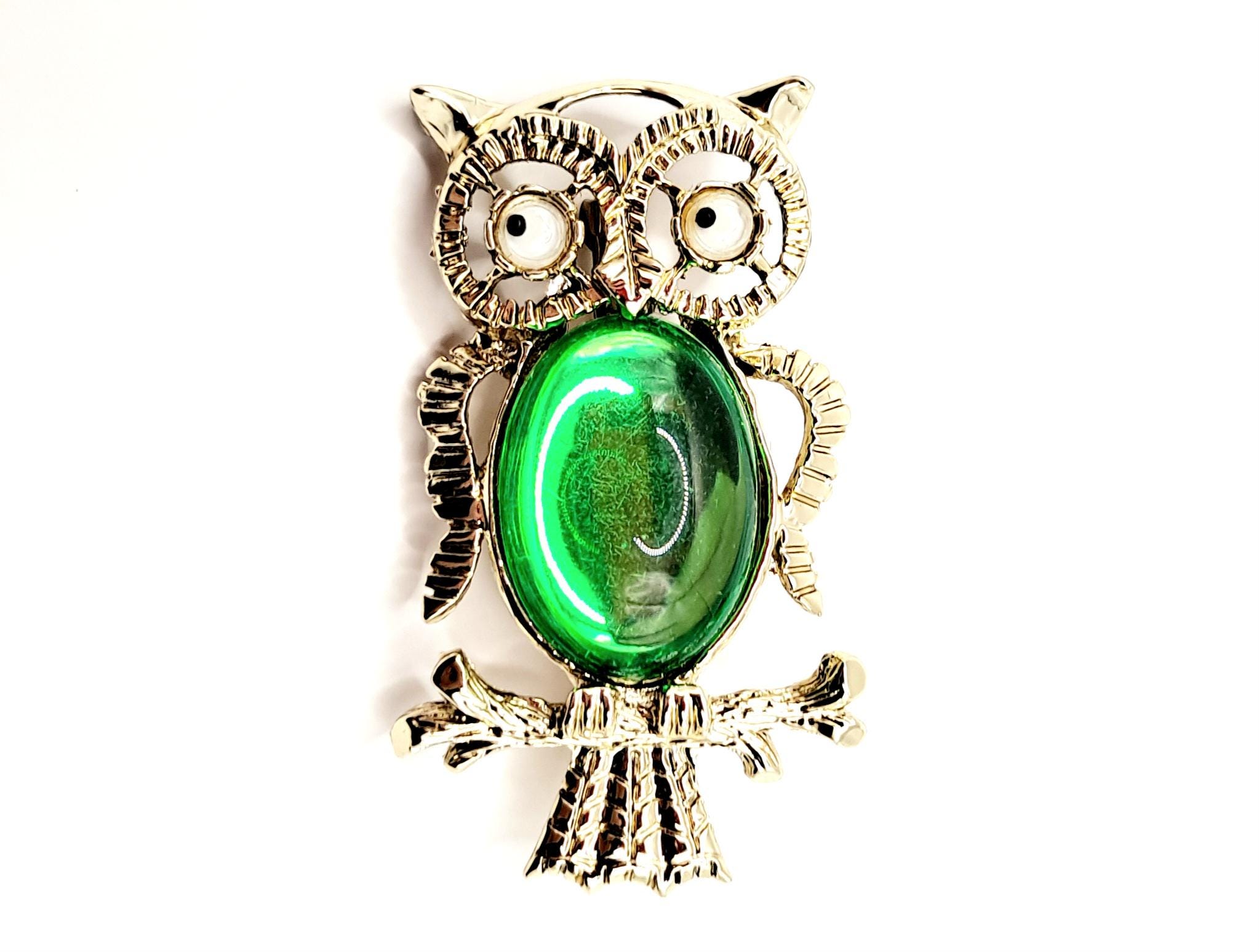 Vintage Owl Brooch – Light Goldtone, Green Glass Belly, Moving Eyes