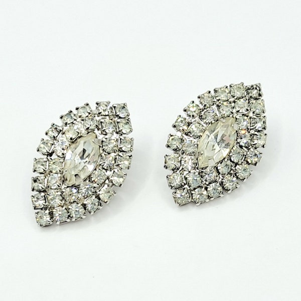 Vintage Clear Crystal Rhinestone Clip On Earrings - Glamorous Mid Century Sparkling Earrings - Unsigned Beauties - 1960's Vintage Jewelry