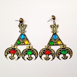 Vintage Egyptian Revival Earrings - Brass & Black Stamped Metal w/ Multicolored Cabachons - 20th Century Art Deco Jewelry - For Pierced Ears