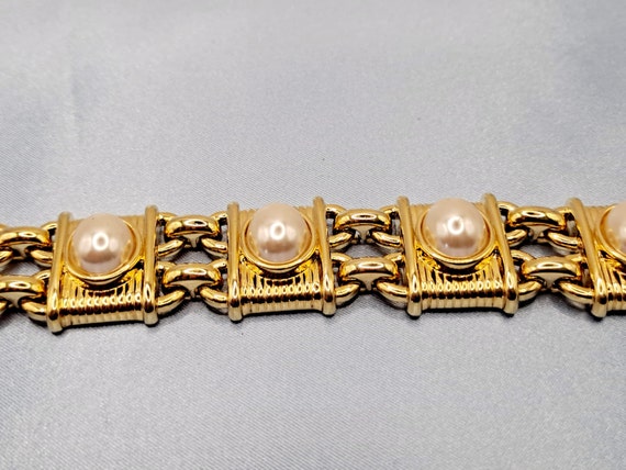 Vintage Gold Book Chain Link Pearl Bracelet - Gol… - image 7