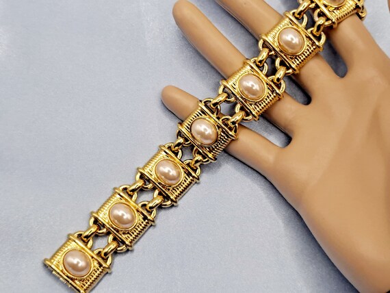 Vintage Gold Book Chain Link Pearl Bracelet - Gol… - image 1