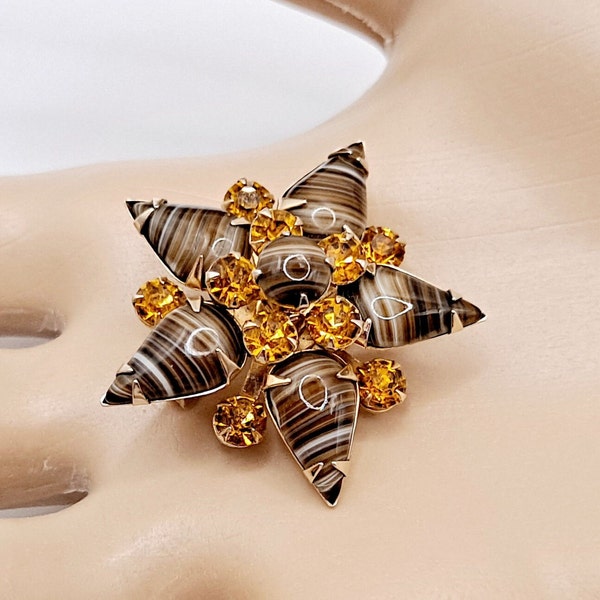 1950's Vintage Brown Floral Starburst Brooch - Simulated Striped Agate & Citrine Glass Rhinestone Star Pin - Mid Century Unsigned Beauty!