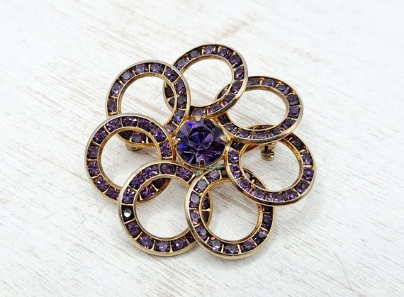 Vintage Purple Flower Rhinestone Brooch - Goldton… - image 1