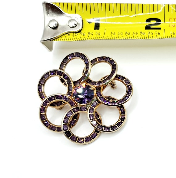 Vintage Purple Flower Rhinestone Brooch - Goldton… - image 8