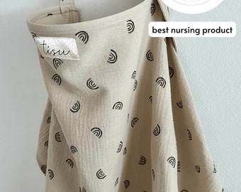 Nursing Cover for Baby Breastfeeding & Pumping | Muslin Double Gauze Cotton | Breast Feeding Apron Shawl Breathable Wire Beige Rainbow