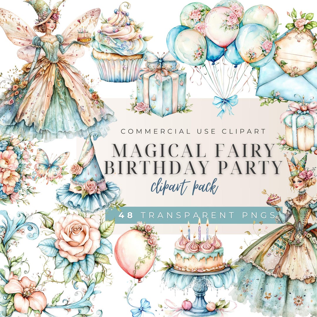 Magical Fairy Birthday Party Watercolor Clipart Pack, Fairy Godmother ...