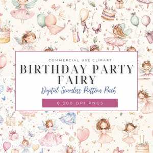 Fairy Birthday Party Seamless Digital Papers, Pink Fairies, Digital Backgrounds, Scrap Book Papers, Party Decor,  Commercial Use, PNG File,