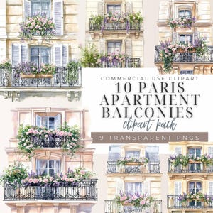 Clipart de acuarela de balcón de apartamento parisino, jardineras de balcón, casa nueva, casa de vacaciones, Europa, colores pastel, PNG, descarga digital