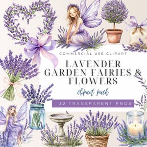 Clipart aquarelle fleurs lavande et fées, amateurs de jardin, journée au spa, oeuvre d'art pour chambre d'enfant, fête des mères, faire-part, fichier PNG, téléchargement numérique