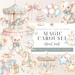 Pack de cliparts aquarelle cheval carrousel, clipart carnaval, carrousel poney, art carrousel pour chambre d'enfant, baby shower poney, fichier PNG, téléchargement numérique