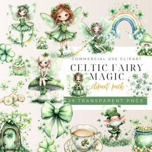 May include: A set of 29 digital clipart images featuring fairies, a leprechaun, a pot of gold, a rainbow, shamrocks, and other Irish-themed elements. The images are in a watercolour style and are perfect for creating St. Patrick's Day crafts, invitations, and other projects.