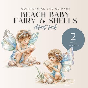 Clipart de acuarela de hada bebé de playa y conchas, amante de la playa, conchas marinas, decoración de habitación infantil, decoración de dormitorio, casa de playa, archivo PNG, descarga instantánea