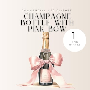 Champagne Bottle with Pink Bow Watercolor Clipart, Sparkling Wine, Birthday, Shower Invitation, Party Decor PNG File, Instant Download,