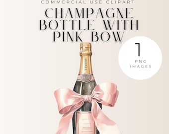 Botella de champán con lazo rosa, acuarela, clipart, vino espumoso, cumpleaños, invitación de baby shower, decoración de fiesta, archivo PNG, descarga instantánea