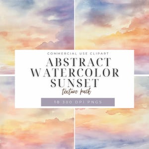 Peut inclure: Un ensemble de 10 textures numériques d'aquarelle de coucher de soleil dans un pack. Les textures sont dans des tons de rose, orange, jaune et bleu.  COMMERCIAL USE CLIPART ABSTRACT WATERCOLOR SUNSET texture pack 10 300 DPI PNGS