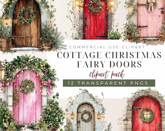 Cottage Christmas Fairy Doors Watercolor Clipart Pack, Magical Christmas, Fairy Garden, Holiday Decor, Invitation, PNG, Digital Download