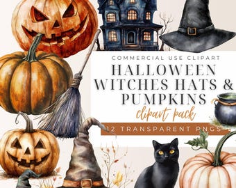 Halloween Pumpkins and Witches Hats Watercolor Clipart Pack, Haunted House, Black Cat,  Invitation, Party Decor, PNG, Digital Download,