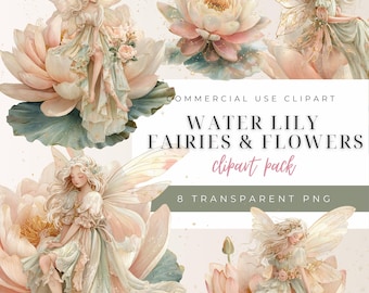 Water Lily Fairy & Flowers Watercolor Clip Art, Magical, Chateaucore, Summer Fairy, PNG, Digital Download