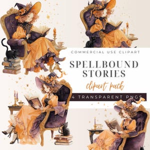 Puede incluir: Ilustraciones en acuarela de una bruja leyendo un libro, sentada en un sillón morado. La bruja lleva un vestido naranja y un sombrero grande. Un gato negro está sentado cerca. Se muestra el texto "SPELLBOUND STORIES clipart pack".