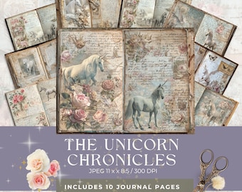 May include: A collection of ten journal pages featuring unicorn illustrations, roses, and script. The pages are arranged to showcase the design, with the text "THE UNICORN CHRONICLES" and the dimensions 11 x 8.5 inches visible.