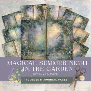 Könnte beinhalten: Eine Sammlung von 11 Journalseiten mit einem magischen Gartenthema. Die Seiten zeigen ein Aquarelldesign mit sanften Grün-, Blau- und Lilatönen, mit dem Text "MAGICAL SUMMER NIGHT IN THE GARDEN". Die Seiten messen 27,9 x 21,6 cm.